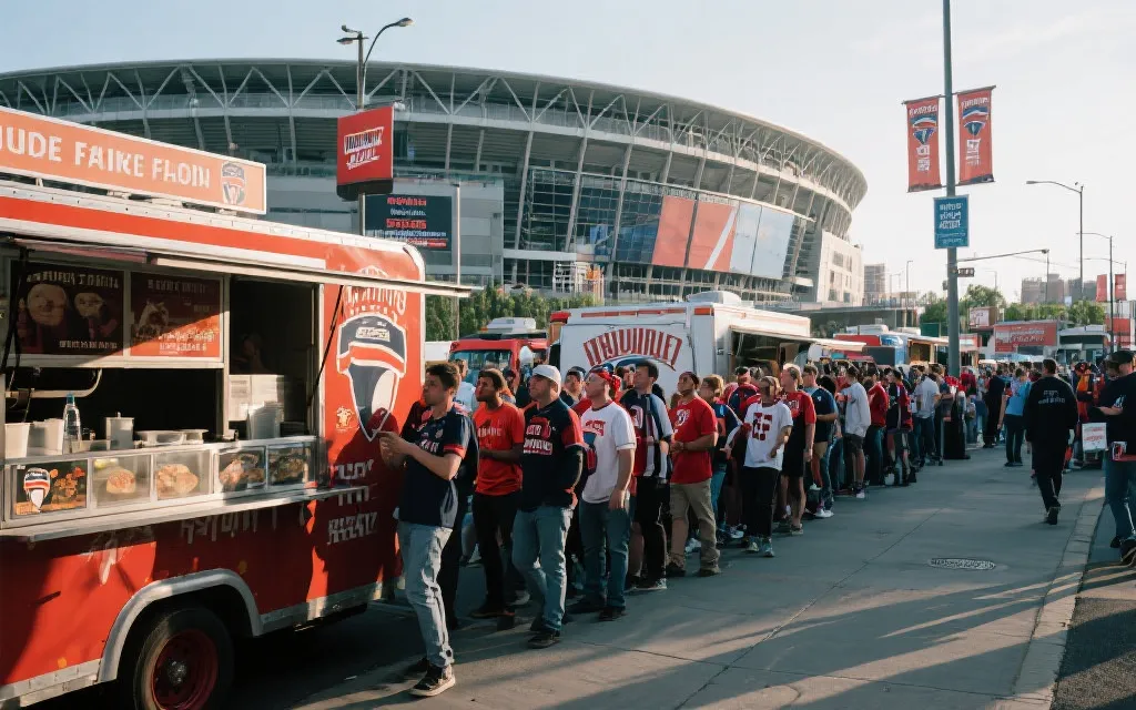 比赛日球场外球迷排队与街头餐车氛围