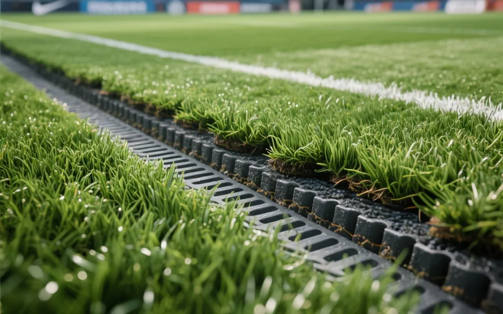 足球场草皮近景与场地下排水结构示意的视觉化画面